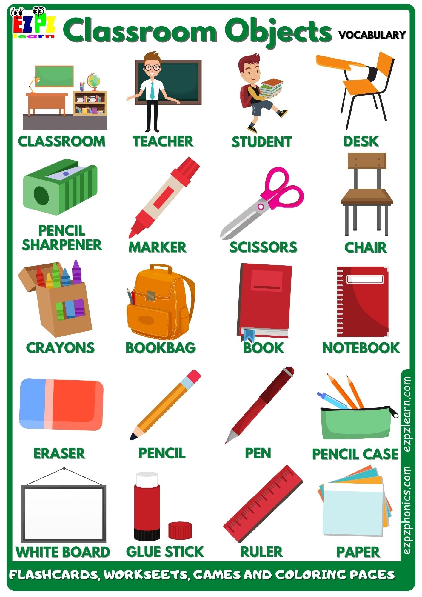 Classroom Objects Vocabulary Free English Vocabulary Resources Flashcards Worksheets Coloring Pages Games And More For ESL Ezpzlearn